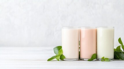 Three glasses of creamy beverages on a white surface with green leaves, soft focus background, minimalist composition, and healthy drink concept.