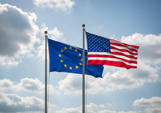 diplomatic representation of european union and american relations with national flags flying together against peaceful blue sky background
