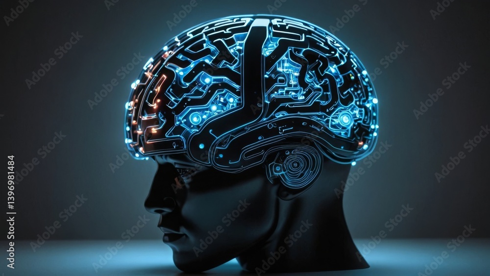 Poster futuristic brain model with glowing circuits symbolizing artificial intelligence