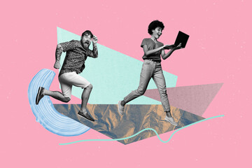 Art image composite photo collage of happy businessman run megaphone promote news inflation arrow...