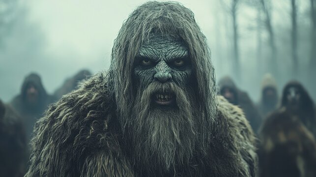 Hairy cryptid looming with hooded figures in a misty forest scene