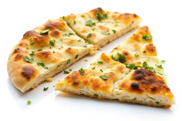 High-resolution image: fractured flatbread, minimalist style, pure white background.  Clean, simple food photography.