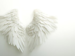 Fototapeta premium Delicate White Angel Wings on a White Background Symbolizing Freedom, Dreams, or Spiritual Concepts