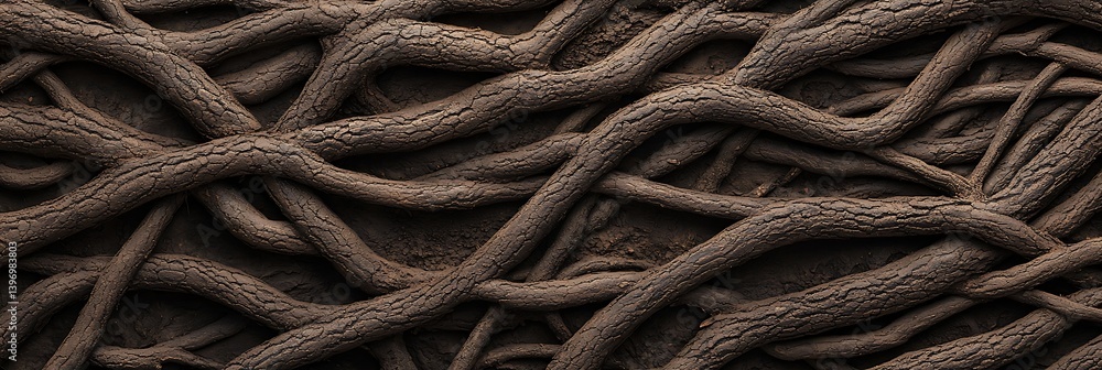 Poster a close-up view of intertwined, textured tree roots, showcasing their intricate patterns and earthy 