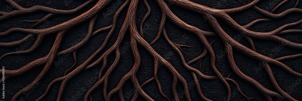 Poster a close-up view of intricately intertwined roots against a dark background, showcasing their texture