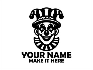 Whimsical clown character with vibrant makeup, a top hat adorned with stars, and a large red bow tie against a clean white backdrop. Illustration concept, circus clown vector design circus clown logo