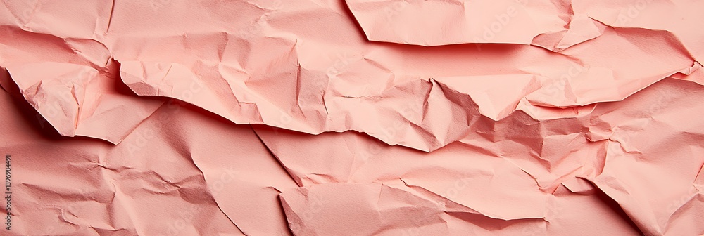 Poster a close-up of crumpled pink paper, showcasing its textured surface and folds, creating an artistic a