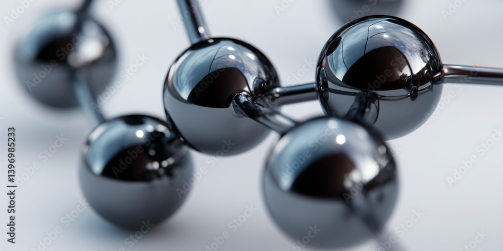 Aufkleber close-up of metallic spheres connected by rods, reflecting sky and environment, showcasing a network