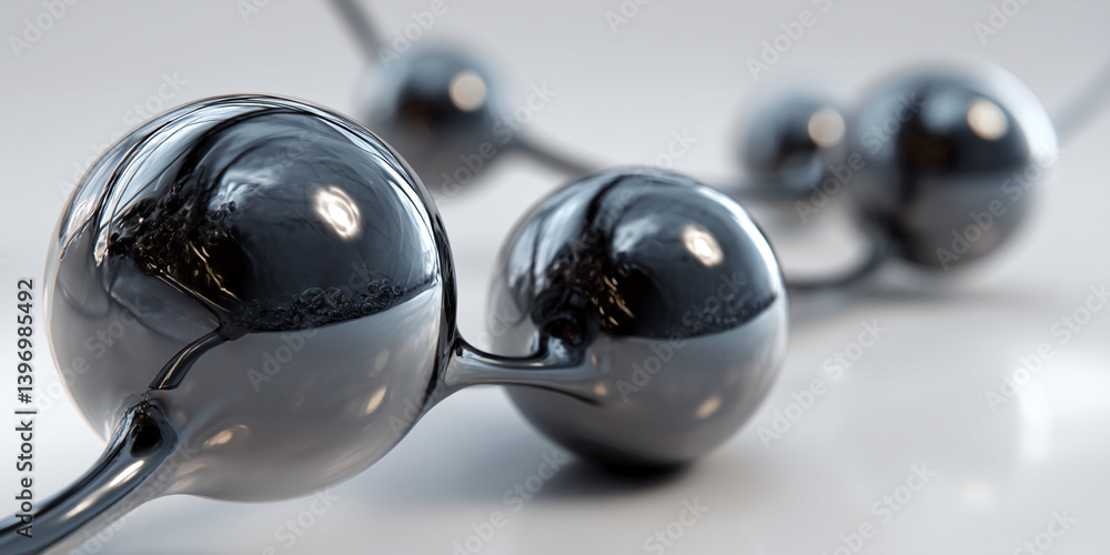 Poster Close-up of shiny metallic spheres connected by sleek rods, creating an abstract, flowing structure symbolic of connection, technology, or molecular bonds