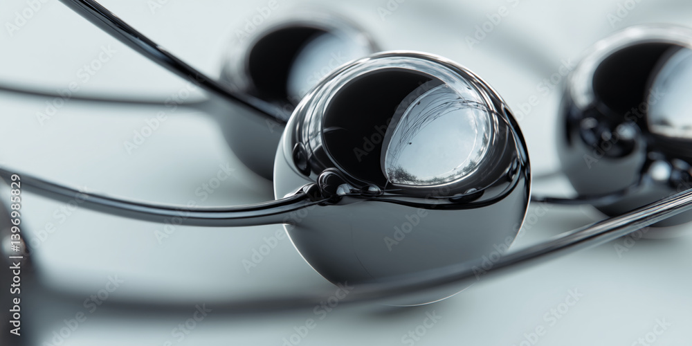 Poster close-up of glossy black spheres connected by sleek, dark curves, creating an abstract, elegant desi