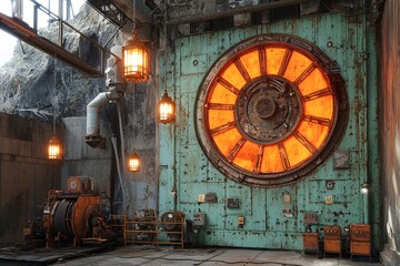 Industrial Wall with Circular Window and Vintage Lanterns in Factory