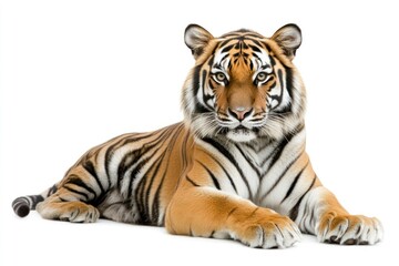 Naklejka premium Majestic tiger resting, isolated on white. Wildlife photography for educational use