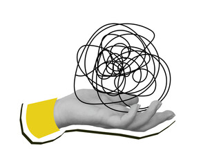 A hand holding tangled ball. Modern photo collage style. Illustration on transparent background