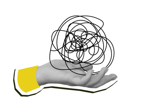 A hand holding tangled ball. Modern photo collage style. Illustration on transparent background