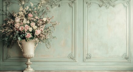 A delicate floral arrangement in a vintage, light sage green room.