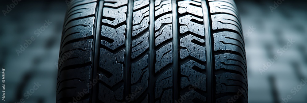 Poster a close-up view of a textured tire showcasing its tread pattern against a blurred background.
