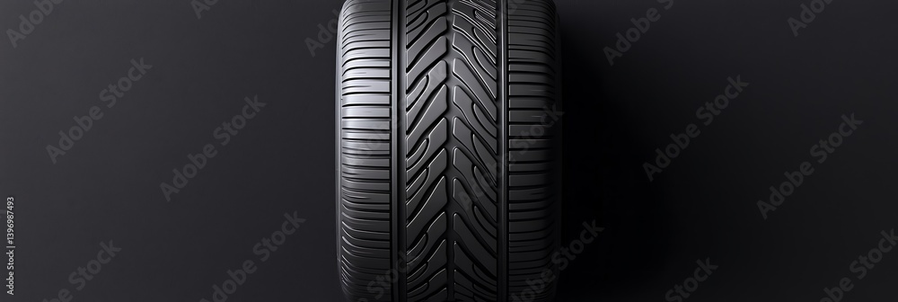Poster a close-up view of a black tire with a detailed tread pattern against a dark background, showcasing 