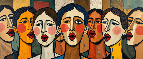 Obraz premium A vibrant depiction of a group of people, unified in expression, their faces stylized with bold colors and shapes, creating a sense of harmony.
