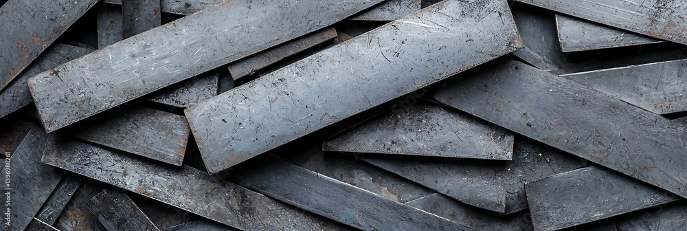 Poster a close-up view of overlapping metal sheets with a textured surface, showcasing a mix of gray tones 