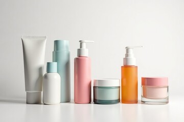 Various cosmetic containers against bright white backdrop , aesthetic, commercial