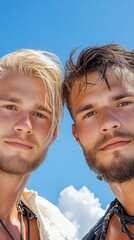 Friendly young men with stylish hair standing together under a clear blue sky during summer day at beach
