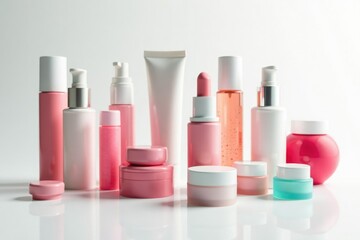 Various cosmetic containers on white backdrop , blush, lipstick