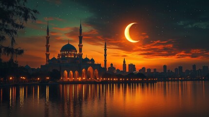 Fototapeta premium Serene mosque illuminated under a crescent moon with lanterns glowing softly, symbolizing Ramadan