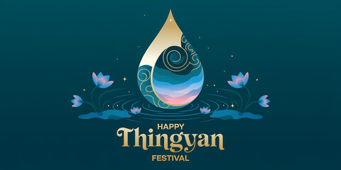 A vibrant Thingyan Festival design with a large water droplet, lotus flowers, and intricate decorations on a teal background, symbolizing celebration and tradition in Myanmar