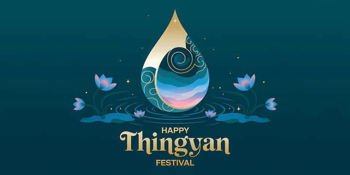 A vibrant Thingyan Festival design with a large water droplet, lotus flowers, and intricate decorations on a teal background, symbolizing celebration and tradition in Myanmar
