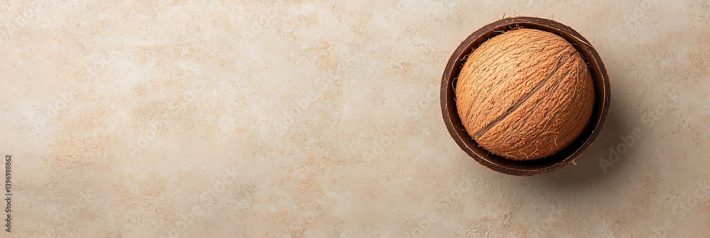 Poster a top-down view of a textured sphere resembling a melon, placed on a neutral background, highlightin