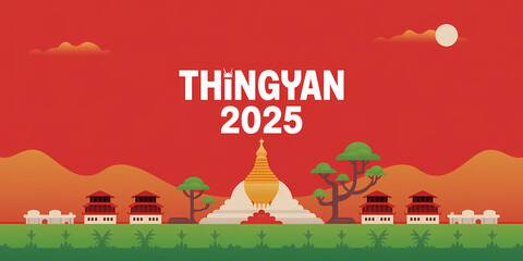 A vibrant red illustration of a central temple surrounded by trees and smaller buildings, with "THINGYAN 2025" text above, mountains in the background, and a sun in the top corner