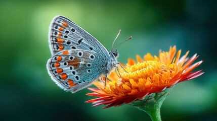 Obraz premium Delicate cerulean butterfly gracefully perched on a flower petal surrounded by lush green foliage in nature's beauty