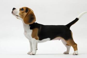 Beagle dog standing looking up on white background for animal product use