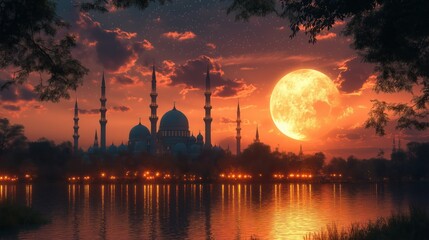 Obraz premium Serene mosque illuminated under a crescent moon with lanterns glowing softly, symbolizing Ramadan