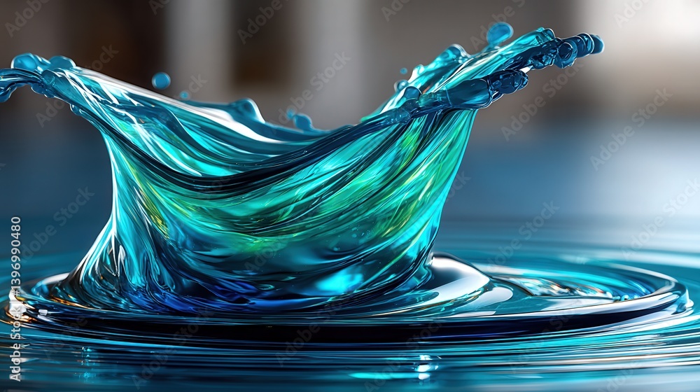 Poster close-up of blue liquid splattering into a pool creating beautiful swirling ink patterns and ripples