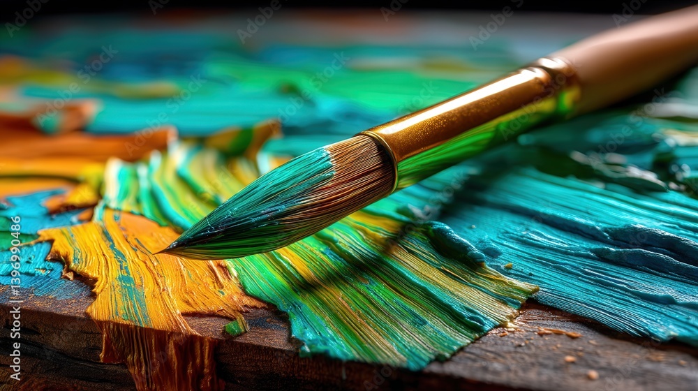 Poster close-up of a detailed paintbrush resting on a table surrounded by scumbled canvas rich in color and