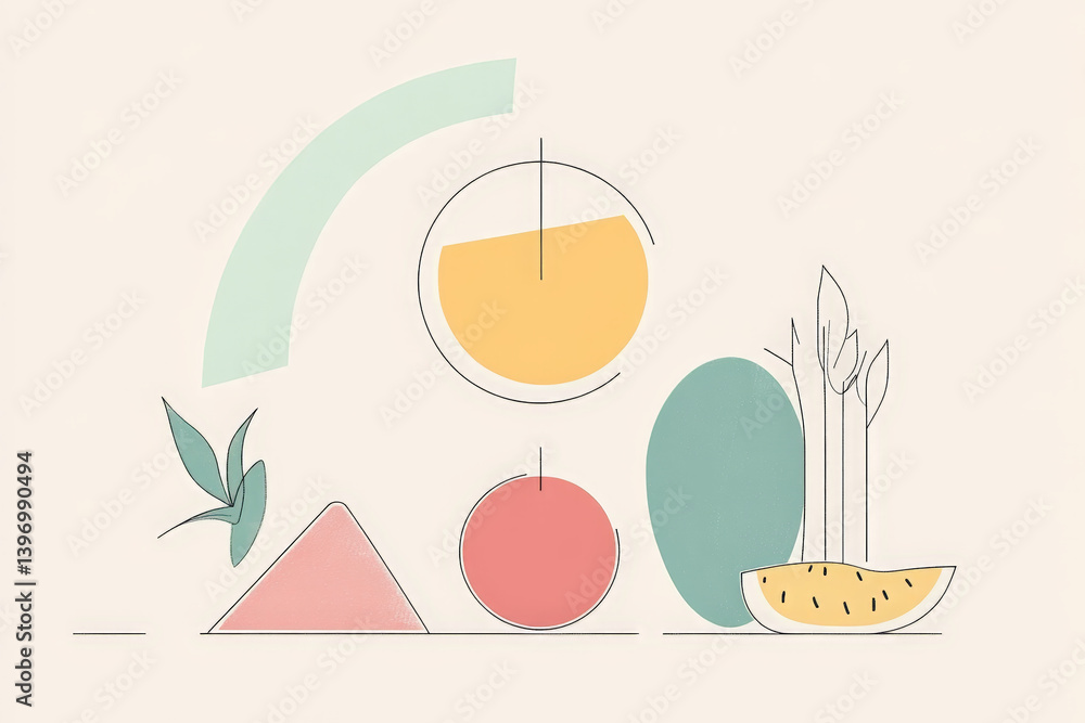 Poster abstract composition with geometric shapes. an abstract illustration with colorful shapes and a pale