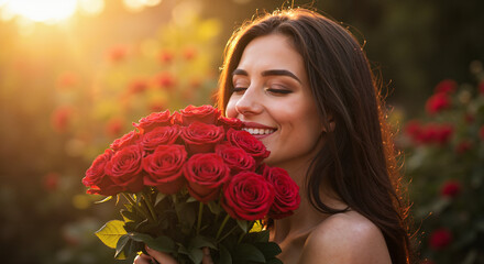 Young woman enjoying bouquet of red roses in sunlit garden  