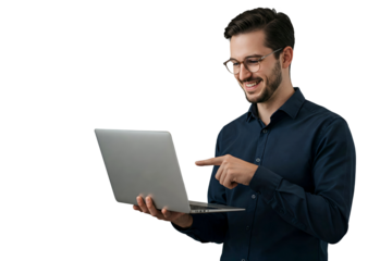 young man working on laptop isolate on transparent