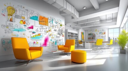 Colorful collection of pictograph illustrations adorning a wall in a bright and cheerful room full of creativity