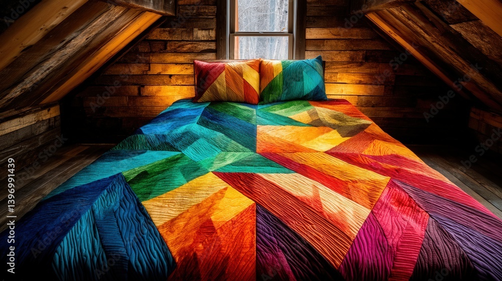 Poster cozy bed with a colorful quilt displayed on a rustic frame creating a warm and inviting bedroom envi