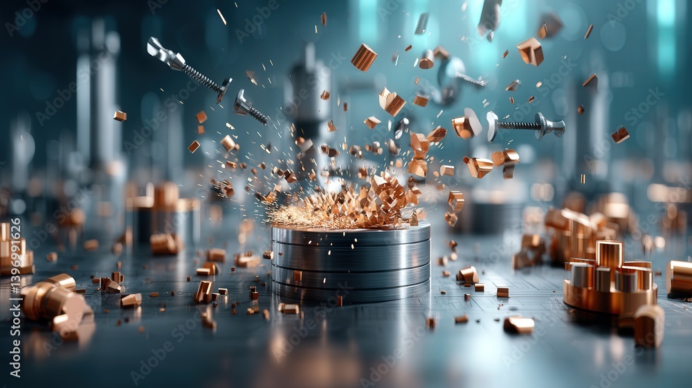 Poster craftsman shaping metal with precision tools creating an artistic explosion of cubes in a dynamic wo