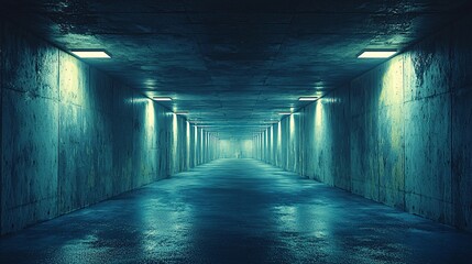 Fototapeta premium Mysterious Dimly Lit Concrete Tunnel with Fog and Cool Lighting
