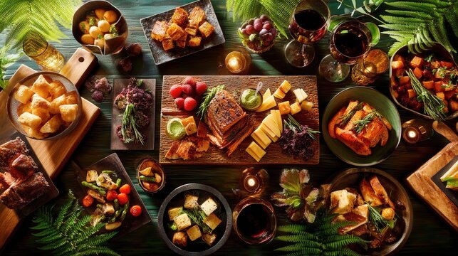A vibrant table layout featuring a variety of foods in a potlatch feast displaying culinary diversity and tradition
