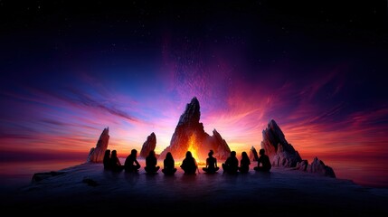 Fototapeta premium Group of people sitting around a fire symbolizing early humans gathering around a flame for connection and warmth