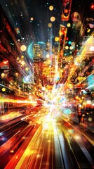 Obraz premium A vibrant, fast-paced, digital cityscape at night.
