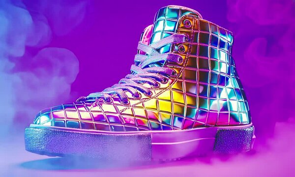 Fashion sneakers in purple smoke atmosphere.