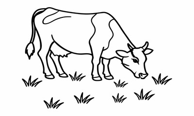 Line Art Illustration of a Spotted Cow Grazing in a Field of Grass