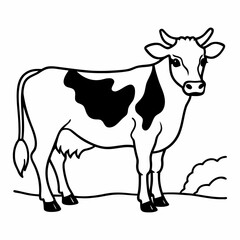 Line Art of a Dairy Cow Standing, Simple Illustration with White and Black Coloring.