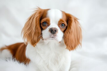 Cavalier King Charles Spaniel puppy portrait, white background, calm, pet